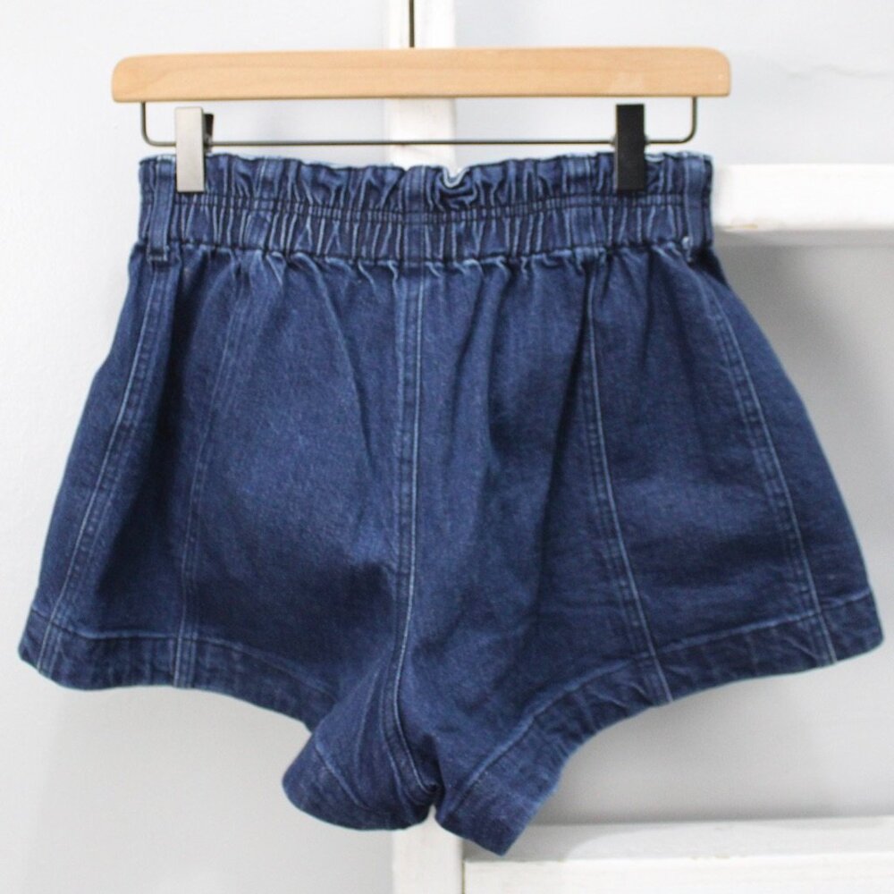 Apiece Apart Blue Dark Wash Denim Elastic Waist Mini Shorts Size 2 / Small - Picture 2 of 5